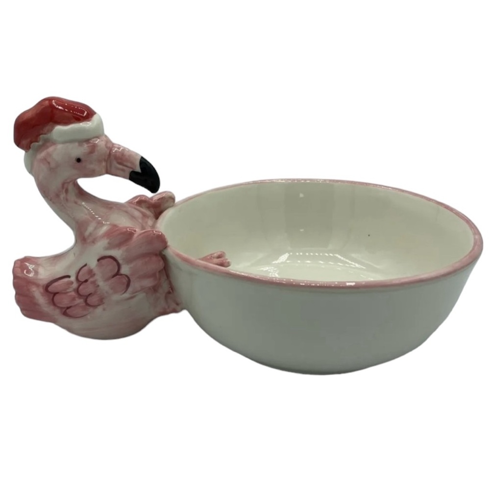 Hansen Ware Festive Pink Flamingo with Red Santa Hat Ceramic Bowl Serving Bowl